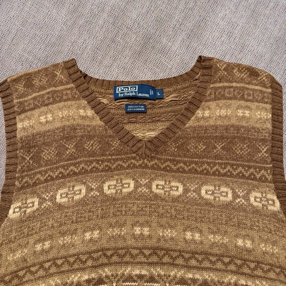Polo Ralph Lauren Knit Sweater Fair Isle  Vest Brown Beige Cotton Cashmere L - Picture 2 of 7